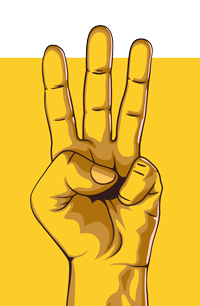 hand signalling number 3 illustration on yellow