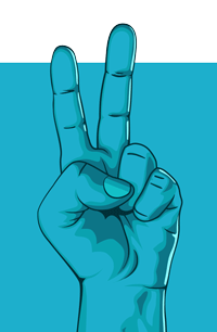 hand signalling number 2 illustration on blue